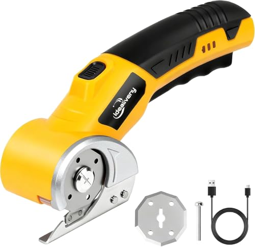 Cordless Electric Power Shears – 4V Lightweight Rotary Cutter for Cardboard, Leather, Plastic, Carpet | with 2 Blades, LED Light, Safety Lock for DIY & Crafting,Yellow