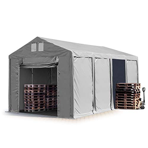 TOOLPORT Lagerzelt Industriezelt 4x8 m Zelthalle mit 3m Seitenhöhe PVC Plane 850 N grau wasserdicht Ganzjahreszelt mit Hochziehtor