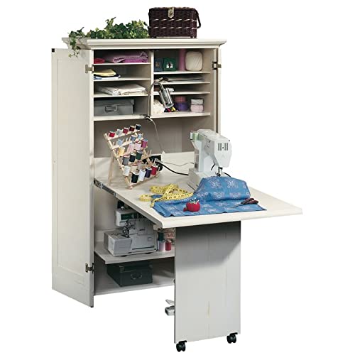 Sauder Harbor View Craft And Sewing Armoire With Table, Antiqued White Finish #TOP3