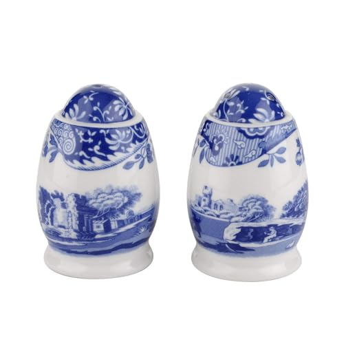 Spode Blue Italian Porcelain Salt and Pepper Shakers - 3 Inch Tabletop Spice Set with Decorative Imari Border & Italian Countryside Scene - Refillable Shaker Pair for Dining, Essential Kitchen Tools