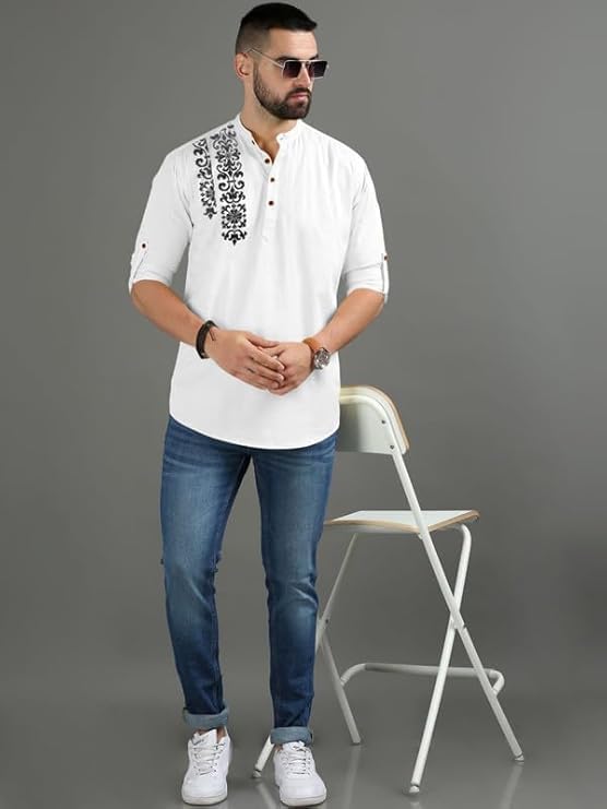 Image of FINIVO FASHION Men's Regular Fit Cotton Blend Kurta Shirt | Full Sleeve Ethnic Shirt with Mandarin Collar and Button Placket | Casual Kurta for Daily and Traditional Use