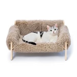 MEWOOFUN Erhöhtes Katzenbett Sofa aus Holz, 56x45cm robust großes Katzensofa – modischer Katzenstuhl mit abnehmbarem Matratzenbezug Belastbar mit 10 kg (Hellbraun, 56x45cm)