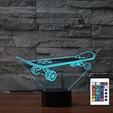 FLRXHK Skateboard 3D Illusion Night Light Touch Table Desk Lamp with Remote Control 16 Colors Optical USB LED Night Light for Kids Gift Room Decoration