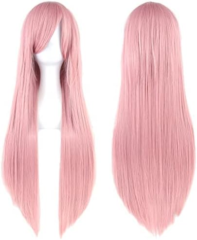 IMISSU 80cm Long Straight Natural Hair Cosplay Wigs with Bangs Colorful Halloween Costume Party Wig for Girl (Pink)