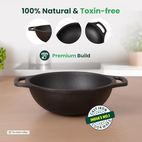 Image of The Indus Valley Premium Cast Iron Kadai with Flat Handles | Naturally Nonstick Kadhai, 100% Pure & Toxin-Free, Pre-Seasoned, No Chemical Coating (20.9cm - 8.2inch - 1.5ltr)