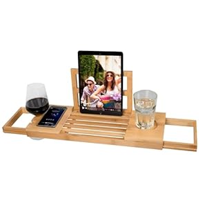 alpina Verstelbare Badplank – Badrek 50-92 x 18 x 4 cm – Bad Plank Bamboe met Boekensteun en Tablethouder – Incl. Bekerhouders – Badrekje voor Bad – Badkamer Accessoires