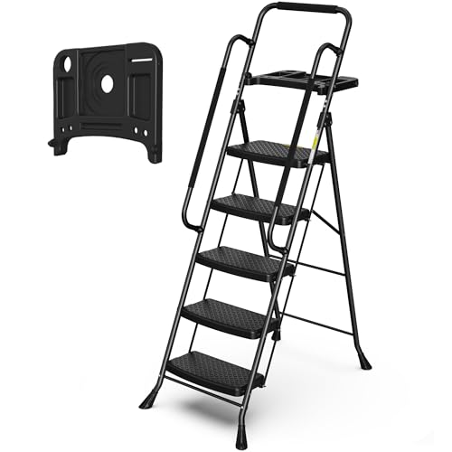 HBTower Step Ladder with Handrails, Folding Step Stool with Attachable Tool Bag & Anti-Slip Wide Pedal for Home Kitchen Pantry Office, Black by HBTower - Used condition - US$111.99
