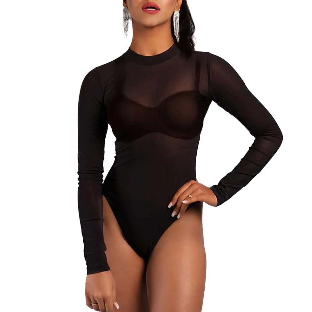 WTMFORU Body da donna in rete a maniche lunghe, trasparente, sexy, per  uscire, casual, nero, beige, colletto alto, biancheria intima da donna,  C-Through, Nero , S-M : Amazon.it: Moda