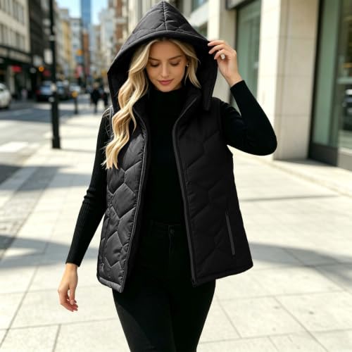 Hooded Puffer Vest for Women Diamond Quilted Full Zip Jacket with Pockets - image 3