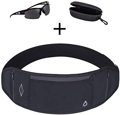 Travel Running Belt for Men and Women Adjustable Neoprene Waist Pack Money Belt with Large Phone Holder Pocket + Sports Sunglasses with Carry case