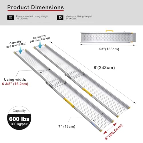 Ruedamann 8FT Portable Wheelchair Ramp, 600 lbs Per Pair Capacity, Adjustable Aluminum Ramps for Wheelchairs, 8" Width Wheelchair Ramps for Home Steps, Doorways, Curbs, 2Pcs - Thumbnail 2
