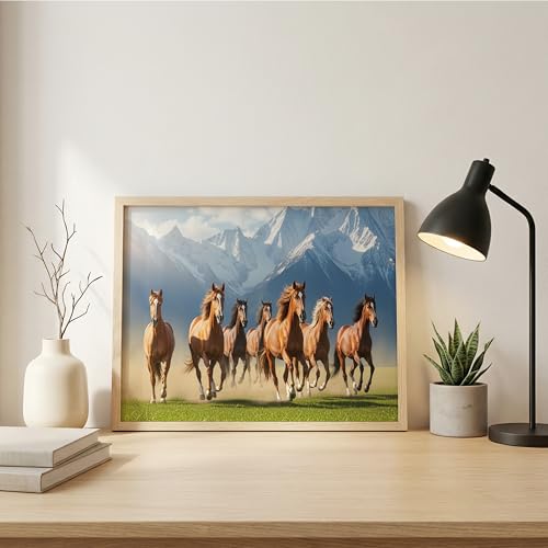 Image of Suneree 7 Horse Vastu Wall Painting - Running Horses Mountain Landscape Framed Wall Art for Living Room & Office Decor (Natural, Design 08, 13x19 Inch)