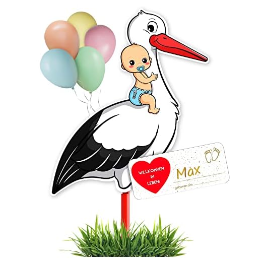 GLÜCKSGUT® Klapperstorch Baby Blau, 100 cm | 5-teiliges Set | Geburtsstorch inkl. Holzstab + Namensschild + Grußkarte + Stift | Storch Geburt für Draussen & Drinnen | Geburtsgeschenk