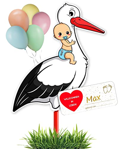 GLÜCKSGUT Klapperstorch Baby Blau 100 cm | 5-teiliges Set | Geburtsstorch inkl. Holzstab + Namensschild + Grußkarte + Stift | Storch Geburt für Draussen & Drinnen | Geburtsgeschenk