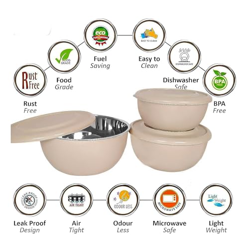 Image of Zaib Microsafe Stainless Steel Mixing Bowl Set of 3 with Airtight Lids, Microwave Safe Food Storage & Serving Containers, Capacity 500ml, 800ml, 1250ml (Classic Sand Brown)