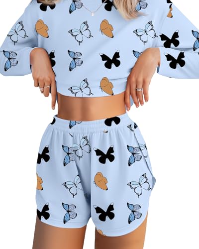 JUSTFASHIONNOW Pajamas for Women Set Shorts Butterfly Print Lounge Set 2 Piece Outfits Comfy Long Sleeve Loungewear Matching Sleepwear Long Sleeve Top and Shorts Fall Winter (Blue, X-Large)