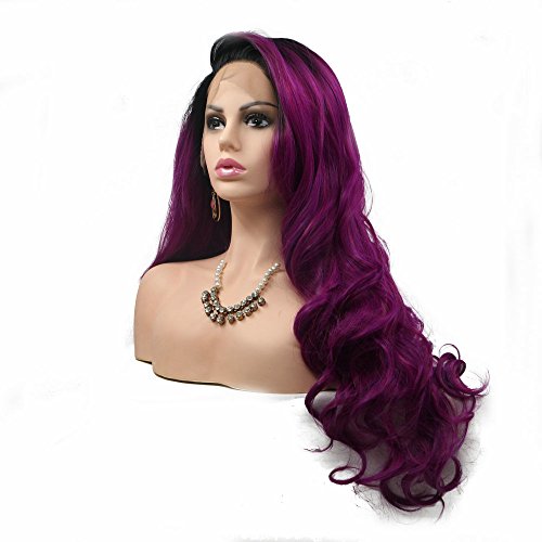 Perruque 1B noire ombrée violette synthétique 61 cm longue ondulée - 2