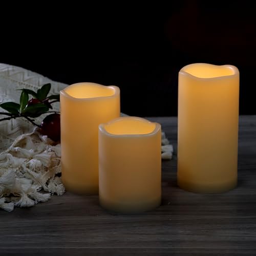 Image of CANDLE CHOICE Outdoor Battery-Operated Flameless Candles with Remote Timer Waterproof Flickering Plastic Electric LED Pillar Lights for Lantern Patio Garden Wedding Halloween Christmas 3x4,5,6 inch 3 Pack