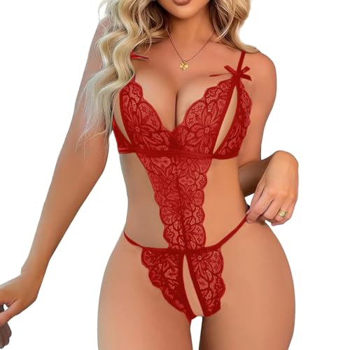 Image of Mayoii Sexy Lingerie Women Lace Bodysuit Sheer Teddy Shapewear with Backless Transparent Design Babydoll Corset Jumpsuit for Valentine's Nightwear (Red, M)