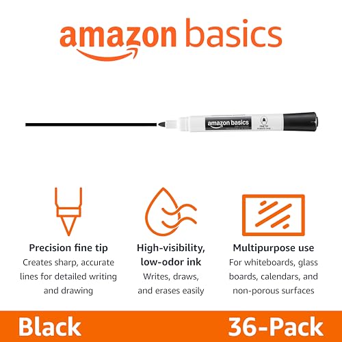 Image of Amazon Basics Low-Odor Dry Erase Whiteboard Markers, Fine Tip, Quick-Dry, Black, 36-Pack