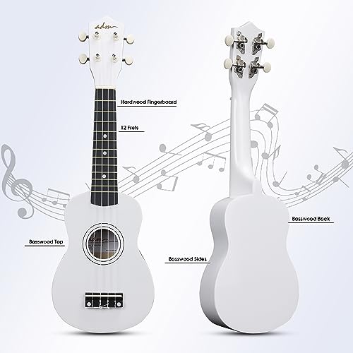 Image of ADM Ukulele for Beginners Hawaiian Wood Ukelele Kit for Kids Adult Student Starter Professional Ukalelee Pack Bundle with Free Lessons Gig Bag Strap Nylon String Tuner (White, 21 Inch)