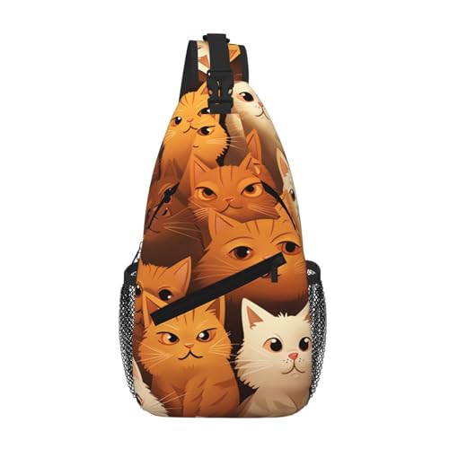 Mochila Crossbody Sling Naranja con Estampado de Gatos