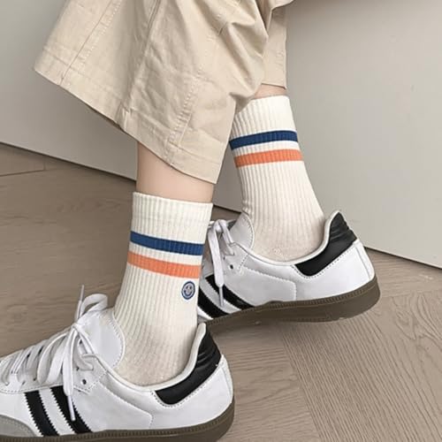 Image of Womens Solid Color Two Stripe Crew Socks Casual Athletic Smiling Face Ankle Socks for women Girls
