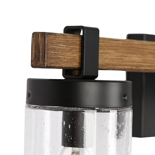 Image of Farmhouse Bathroom Vanity Light Fixtures, 4-Light Large Faux Wood Bathroom Lights Over Mirror, 28 inch Rustic Vanity Lights for Bathroom with Seeded Glass Shade