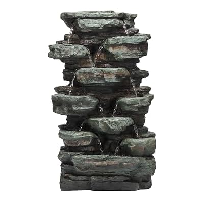 Alpine Corporation WIN930 Outdoor Floor Multi-Tiered Cascading Rock Garden Water Fountain with LED Lights, 39", Green