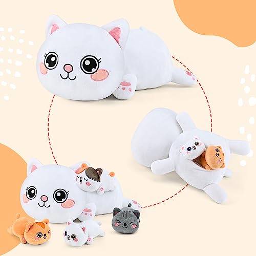 KMUYSL Cat Stuffed Animals Toys for Ages 3 4 5 6 7 8+ Years Old Kids - Mommy Cat with 4 Baby Kitty in Her Tummy, Idea Xmas Birthday Gifts for Baby, Toddler, Girls, Boys - Thumbnail 2