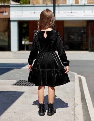 Arshiner Girls Dress Long Sleeve A Line Ruffled Smocked Casual Dress with Pockets 13-14 Years Black3