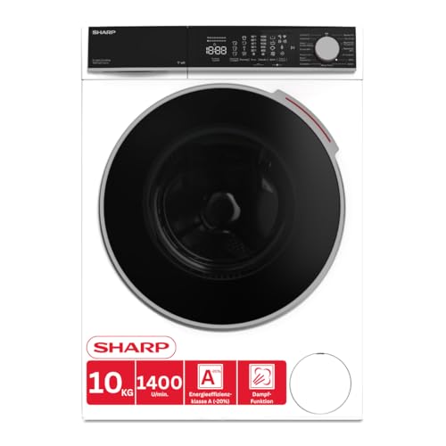 Sharp Waschmaschine ES-WNFL014CWDA-DE Frontlader – 10 kg, 1400 U/min, Energieeffizienzklasse A, WiFi, Dampffunktion, AquaStop, LED-Display, Inverter Motor, Weiß