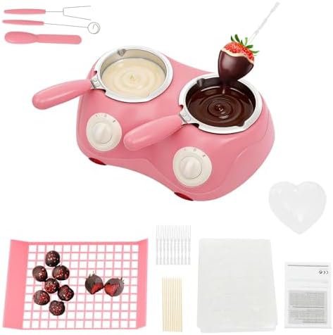 Dual Chocolate Melting Pot, 250ML Electric Candy Melter Set, 2-Gear Mini Fondue Maker Gift Set Ideal Dipping Tool w/9 Molds, 10 Skewers, 12 Forks, for Dessert Parlors, Easter (250ML Pink Dual Pot)