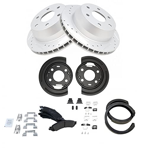 Image of TRQ Performance Rear Brake Pad and Rotor Set Ceramic Coated Drilled Slotted Compatible with 02-03 Cadillac Escalade 02-06 Chevrolet Silverado GMC Sierra 1500 03 Avalanche Suburban Tahoe Yukon XL 1500