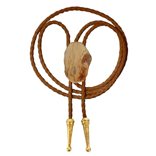 Image of Daisy Del Sol Gemstone Bolo Tie Braided Vegan Faux Leather Natural Stone Gold Handmade Necklace Adjustable Boho Western Jewelry