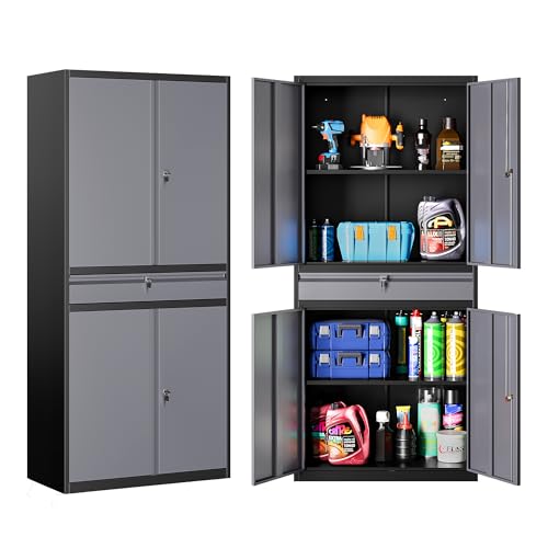 Image of Metal Storage Cabinet with Doors and Shelves,Garage Storage Cabinets with Lock and Drawer,Metal Cabinet with Locking Doors,4 Door Steel Cabinet,71 inch Tall Lockable Cabinets for Garage,Home,Office