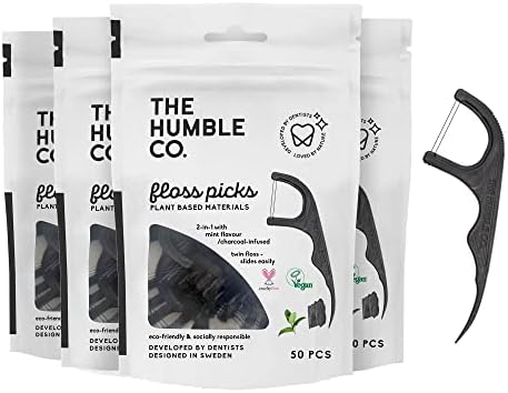 The Humble Co. Floss Picks (200 Count) – Sustainable, Plant Based and Eco-Friendly Natural Dental Floss Picks for Dental Hygiene, Oral Care, and Gum Health, Cruelty Free (Charcoal, Double Thread)