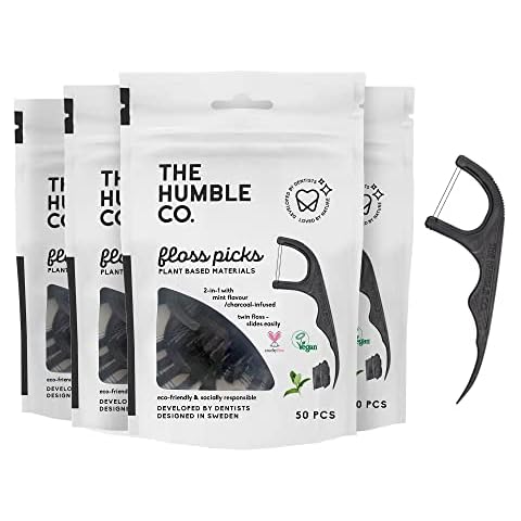 The Humble Co. Floss Picks (200 Count) – Plant Based Dental Floss Picks for Superior Oral Care, Dental Hygiene, and Gum Health, Cruelty Free Tooth Floss Picks (Charcoal, Double Thread) Cover