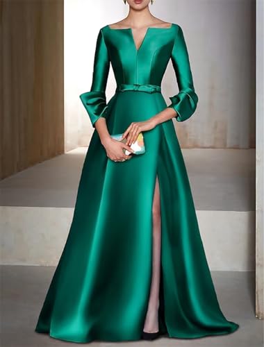 A Line Long Evening Gowns with Side Slit Satin V Neck Wedding Guest Dresses Long Sleeve Cocktail Party Dress2