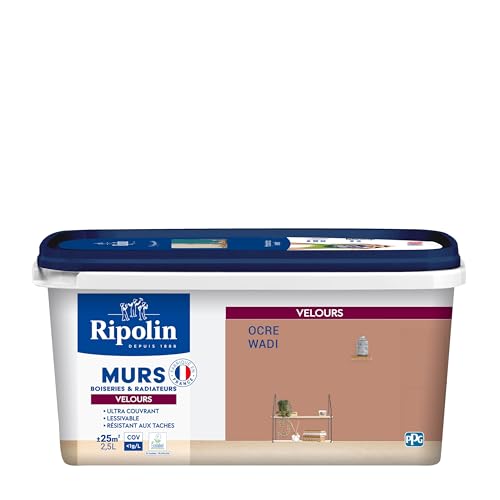 RIPOLIN - Peinture Intérieure Multi-Supports – Murs, Boiseries & Radiateurs – Ultra couvrante - Monocouche - Confort d'application - Aspect Velours - Ocre Wadi - 2,5L
