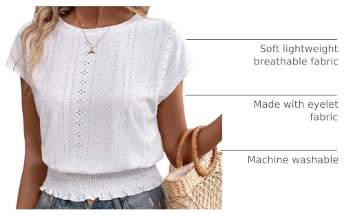Image of Women's Summer Short Sleeve Eyelet Tops Daily Casual Crewneck T Shirts Elastic Waist Smocked Blouses