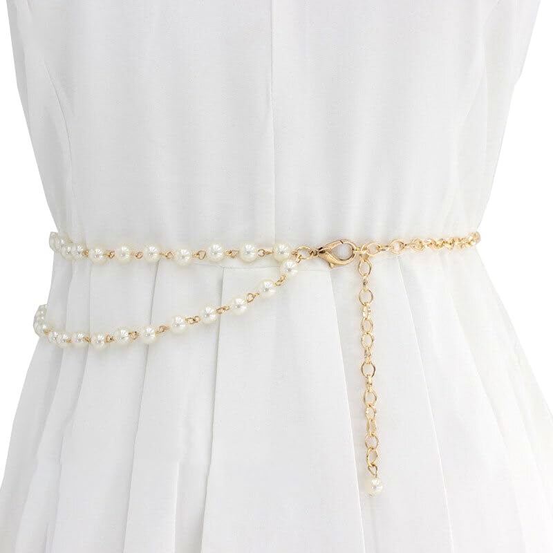 Women Polyethylene Pearl Waist Chain Belt Adjustable Decorative Belt Hollowed Tassel Waist Belts Suitable Size for Waist 26-40, White-image-12