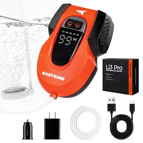KastKing Li3 Pro Rechargeable Live Bait Aerator Lithium-Ion Battery LCD Runtime Display 4 Continuous & 4 Pulse Modes Large Aeration Stone USB-C Fast Charge Aerator for Fish and Bait Buckets