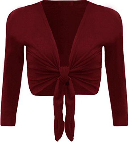 Cárdigan bolero elástico para abrigar hombros sobre vestidos con nudo frontal regulable color vino