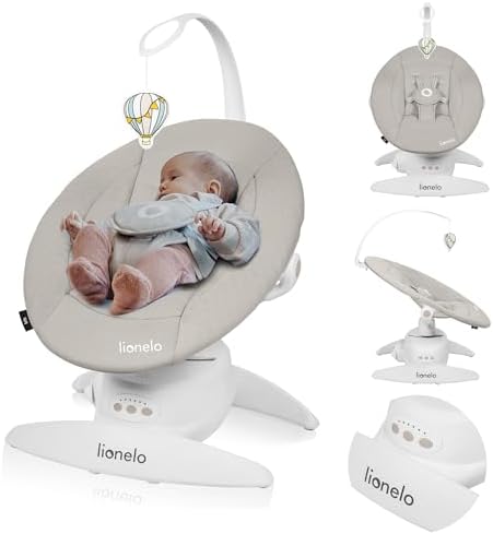 LIONELO Iris Elektrisch Babywippe 360o drehbar für Babys bis zu 9 kg | Verstellbare Rückenlehne, 5 Wiegegeschwindigkeiten Rutschfester Sicherheitsgurt, 12 Melodien Bügel mit Spielz