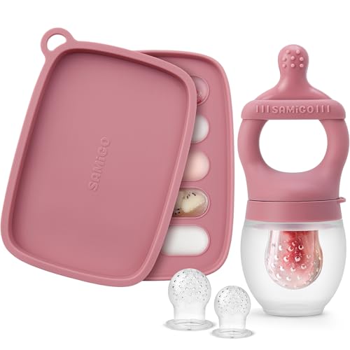Image of SAMiGO Baby Food Fruit Feeder and Breastmilk Popsicle Mold Set, Silicone Fruit Teether, Food Feeder Pacifier for Teething Relief, Freezer Tray, Baby Feeding Essentials, 4 Months+