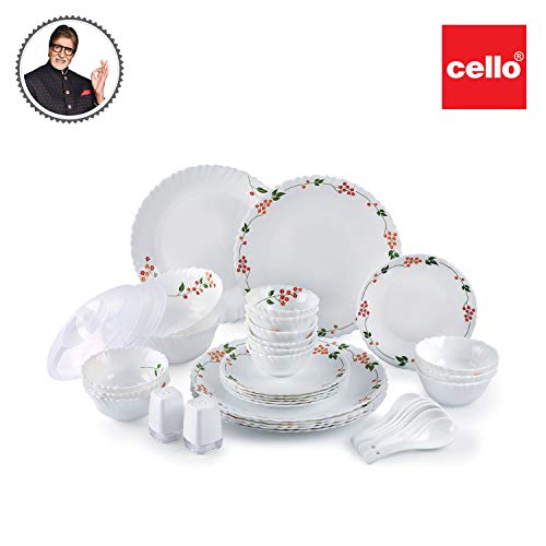Image of CELLO Secret Garden Dazzle Series Opalware Dinner Set of 37 Pieces for Family of 6 | Bone-Ash Free & Leadfree Opal Glass, Microwave & Dishwasher Safe, Plates & Bowls Crockery Set for Dining & Gifting