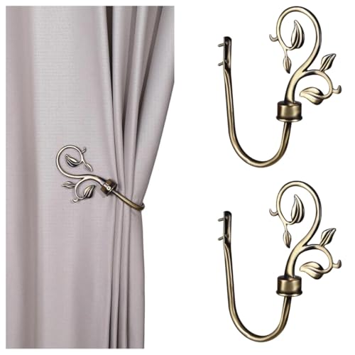 Leaf Shaped Curtain Holdbacks 2pcs, Handmade Metal Curtain Side Holders for Wall, Antique Brass Curtain Tieback Hook Pull Backs for Drapes Window Home Decoration (Bronze)
