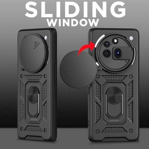 Image of Pikkme Back Cover for Nothing Phone 3a Pro 5G | 360 Protection Case | Sliding Camera Shield Cover & Ring Holder Stand D10 Tough Armor Bumper Case (Black)