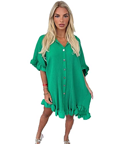 eyes Women’s Gold Button Pleated Short Sleeve Plain Collared Frill Hem Ladies Casual Loose Fit Oversized Baggy Plus Size Swing Summer Dresses for Women Jade Green One Size 8-22